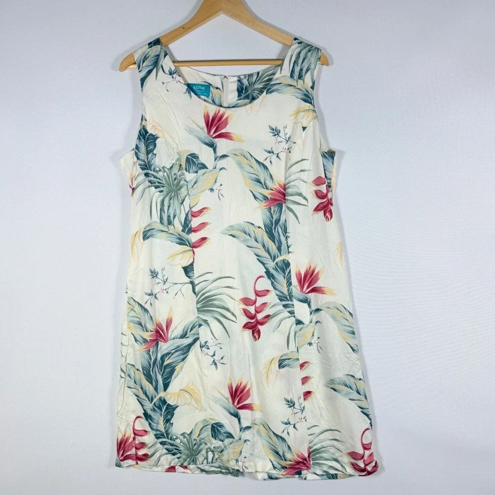 Kona Malia Womens XL 12 Dress‎ Tropical Floral Hawaiian Cream Resort Chic Cruise